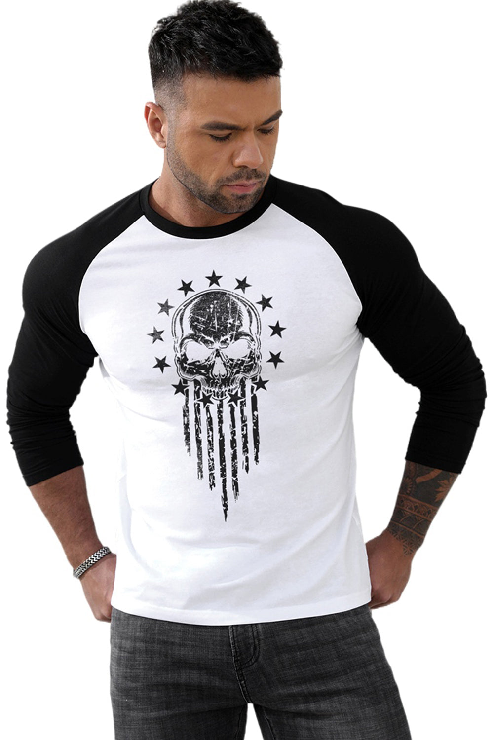 Men's Letter Skull Print Color Block Long Sleeve Top