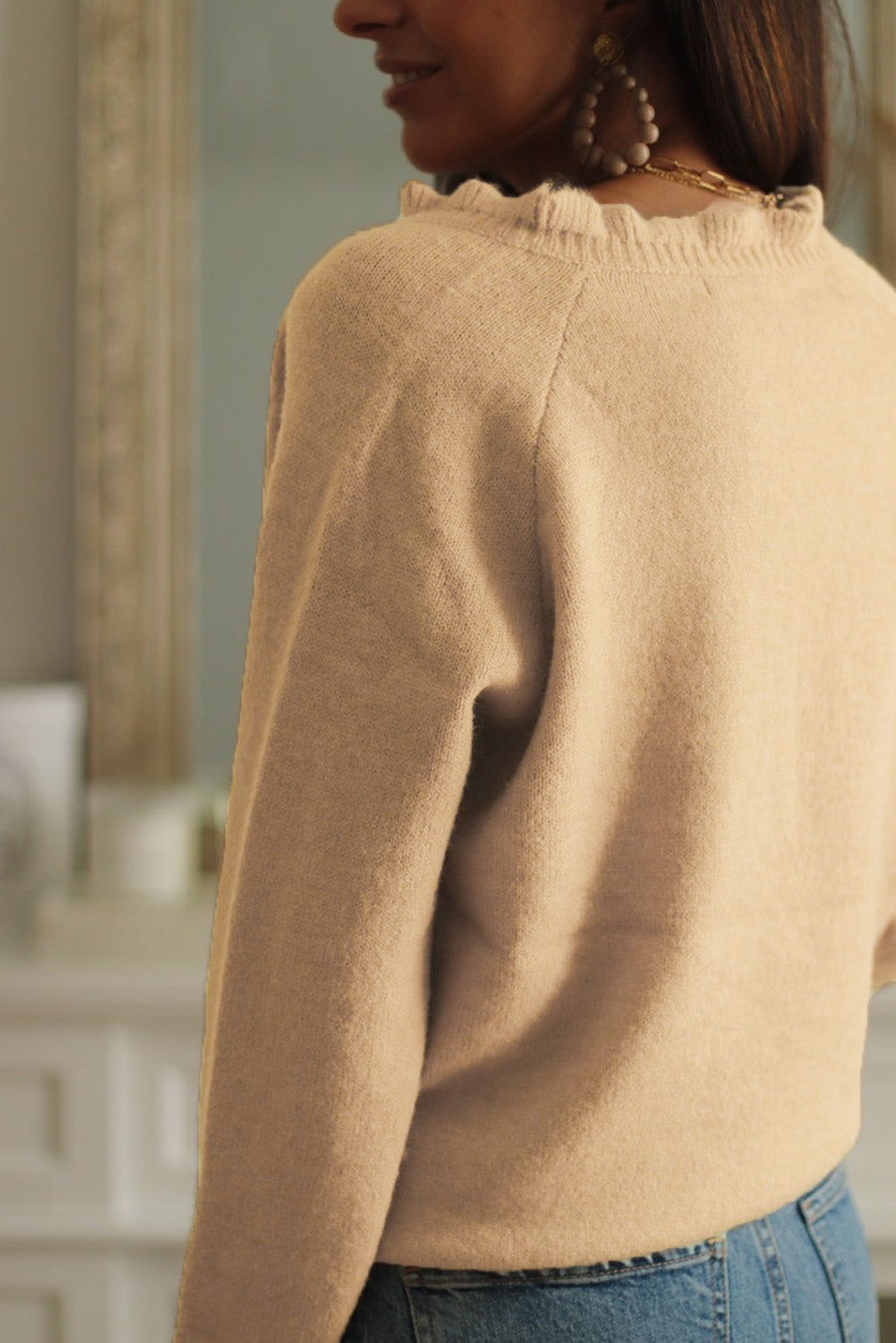 Beige Frill Trim Buttoned Knit Pullover Sweater