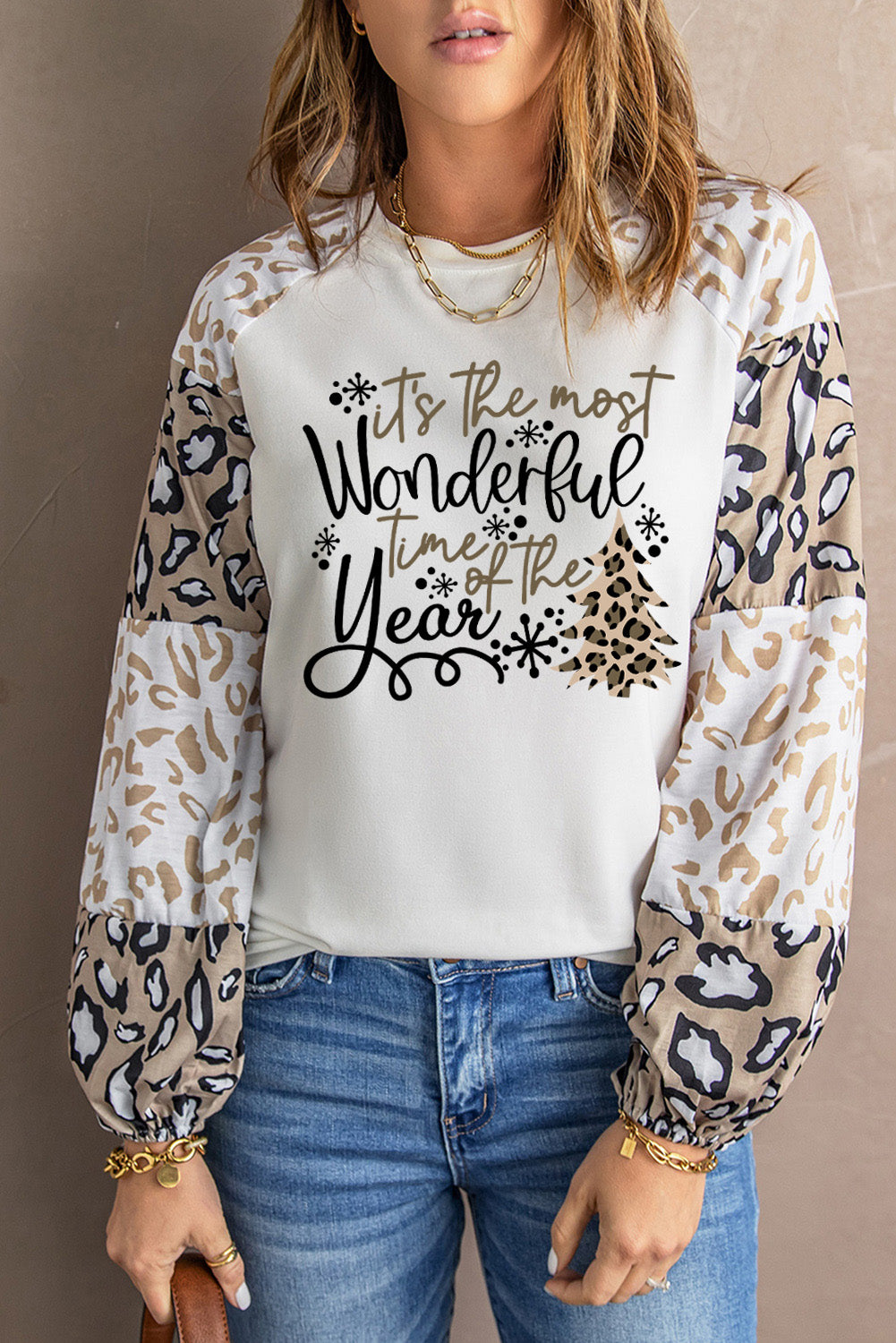 Beige Leopard Print Bubble Sleeve Top