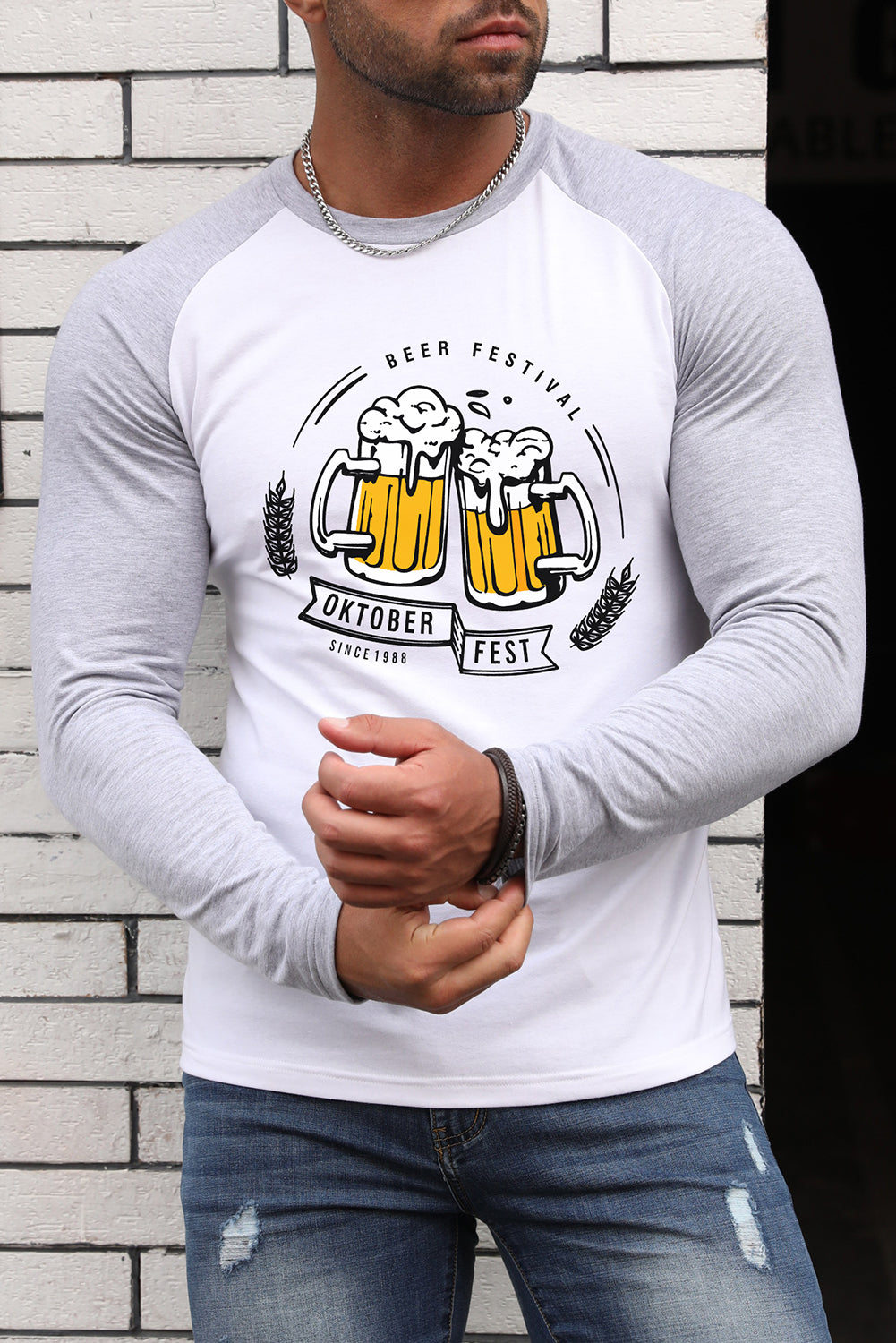 Men's Letter Skull Print Color Block Long Sleeve Top