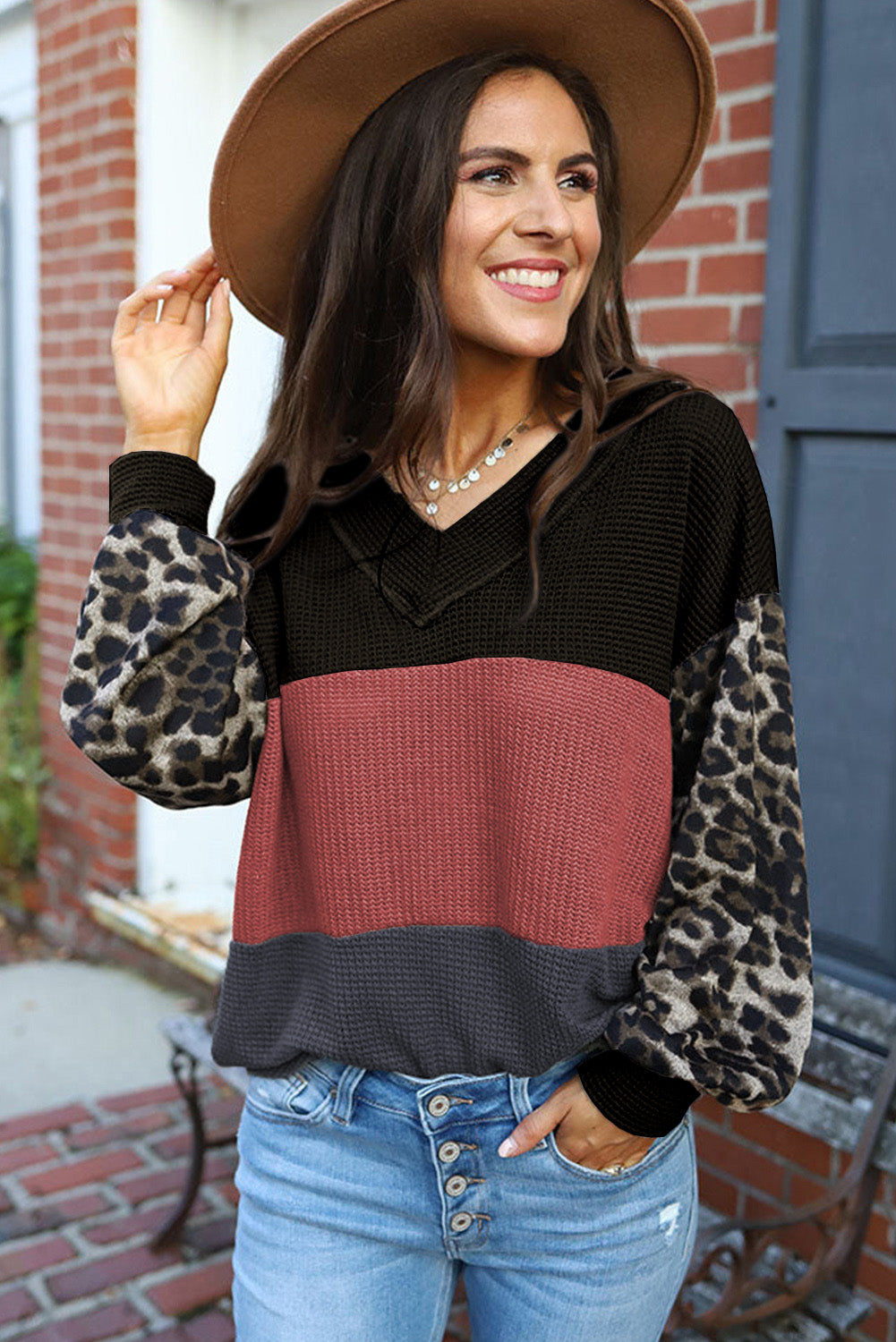 Wild Leopard Contrast Sleeve Colorblock Waffle Knit Top