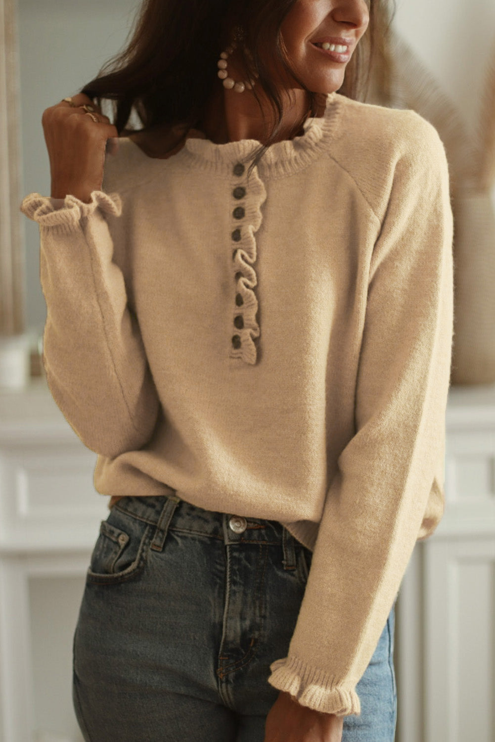 Beige Frill Trim Buttoned Knit Pullover Sweater