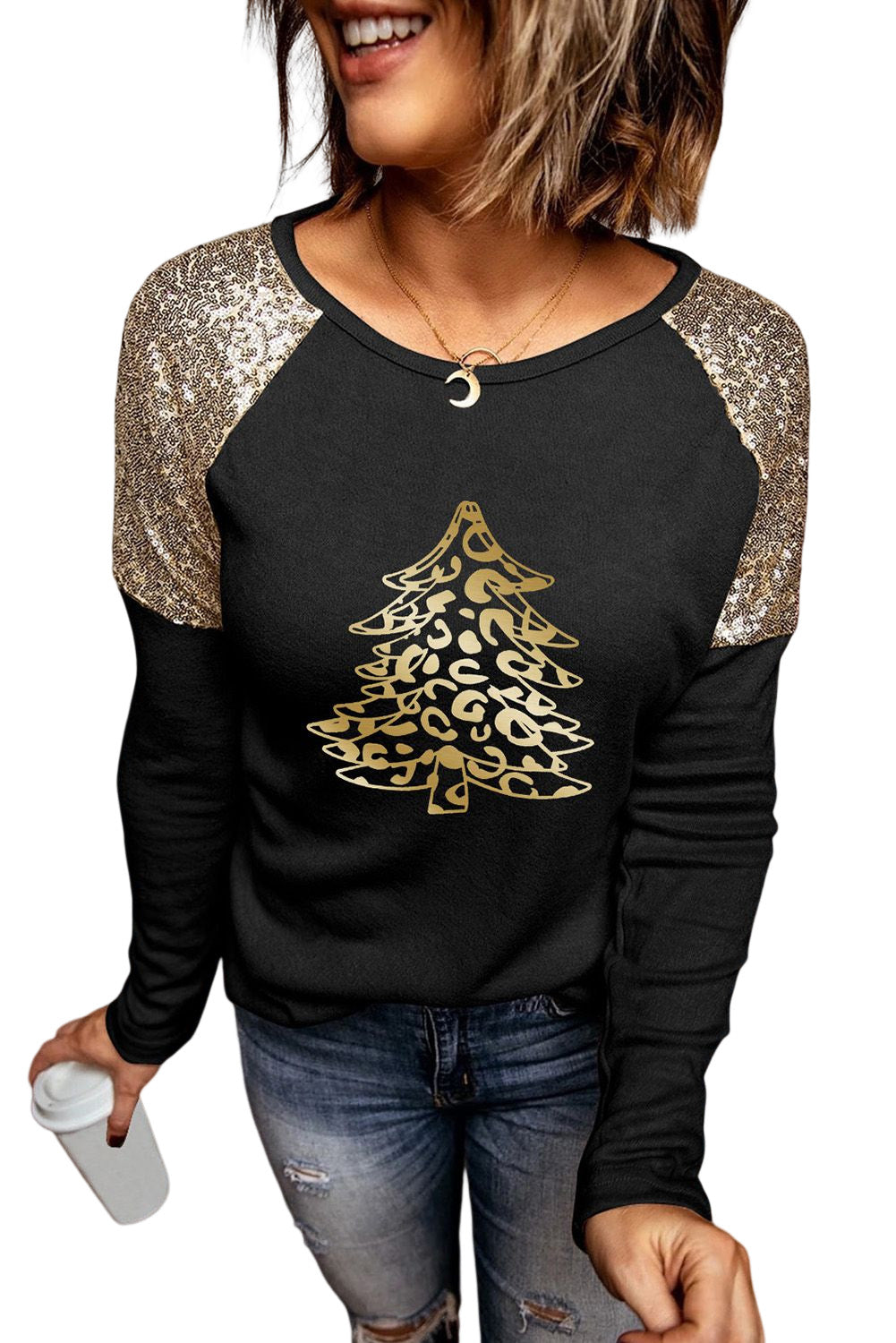 Let's Get Smashed Pumpkin Glitter Print Sequin Contrast Top