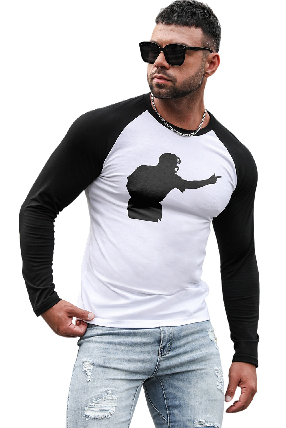 Men's Letter Skull Print Color Block Long Sleeve Top