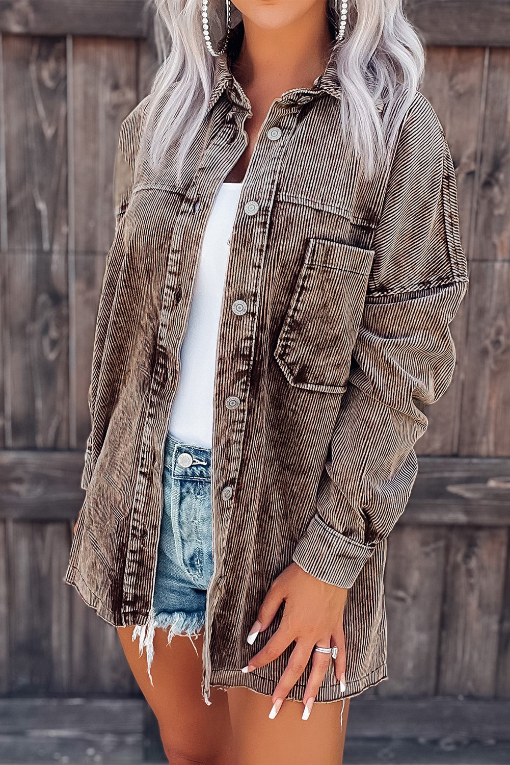 Chest Pocket Buttoned Corduroy Shacket
