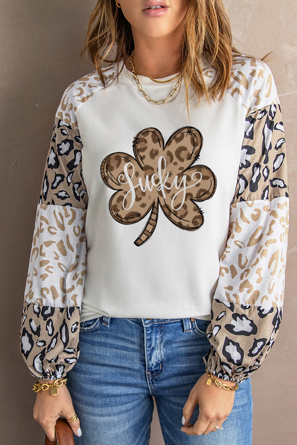 Beige Leopard Print Bubble Sleeve Top