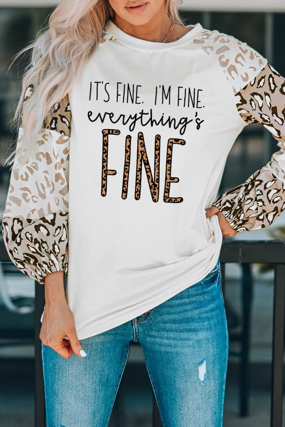Beige Leopard Print Bubble Sleeve Top