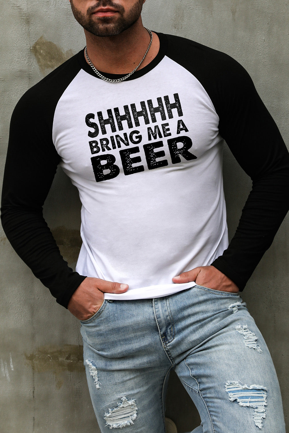Men's Letter Skull Print Color Block Long Sleeve Top