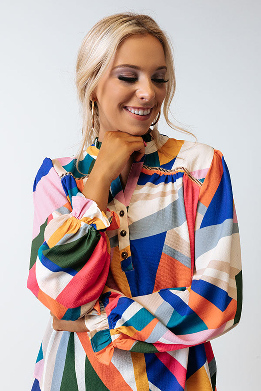 Geometric Patchwork Print Half Buttoned Blouse