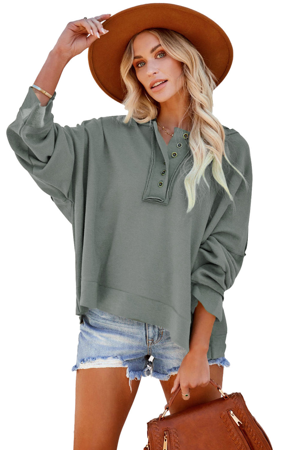 Casual Button Solid Patchwork Trim Hoodie