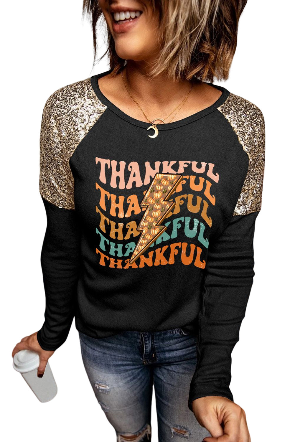 Let's Get Smashed Pumpkin Glitter Print Sequin Contrast Top