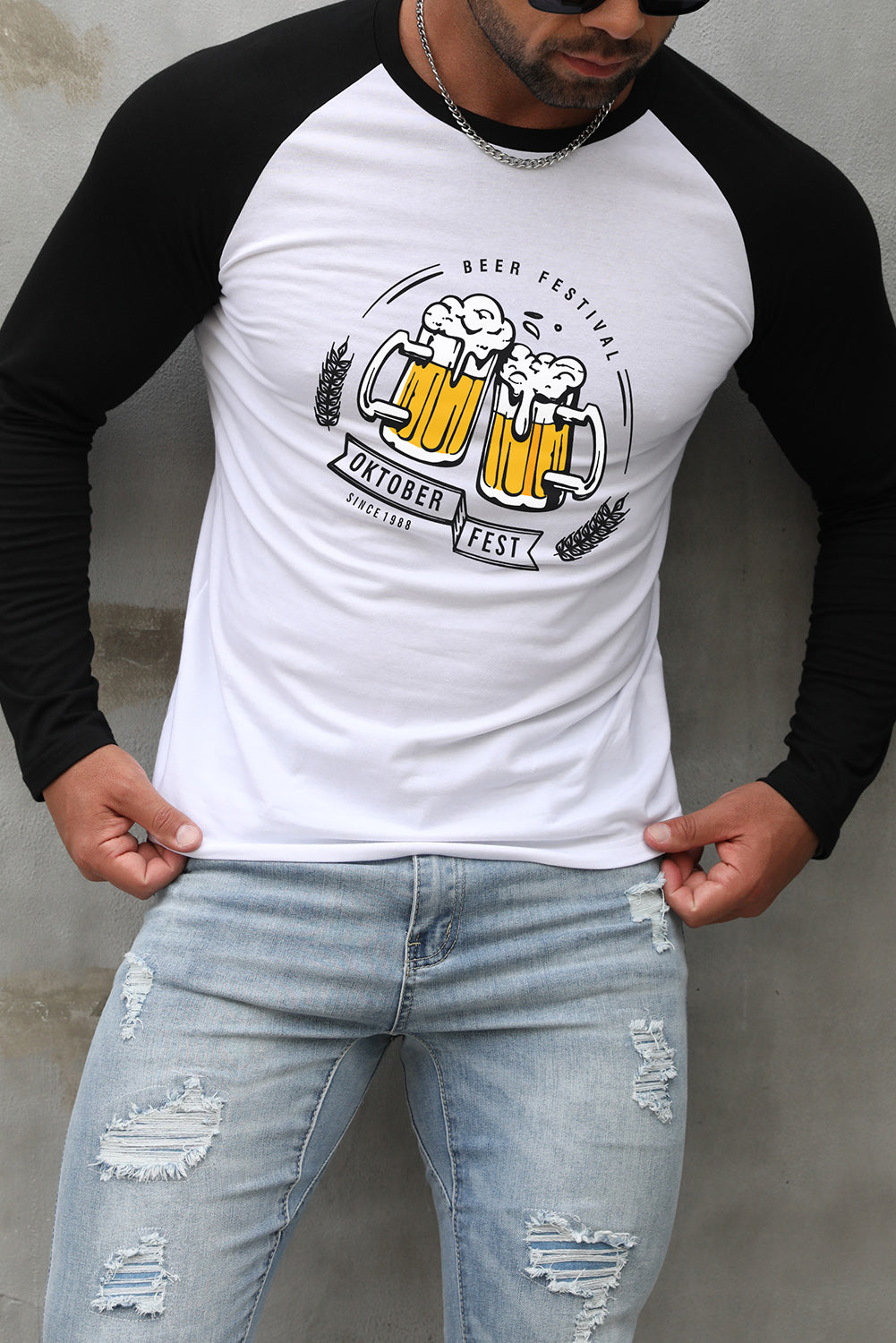 Men's Letter Skull Print Color Block Long Sleeve Top