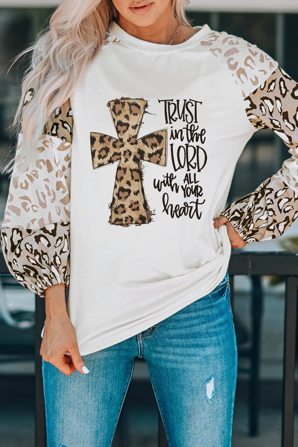 Beige Leopard Print Bubble Sleeve Top