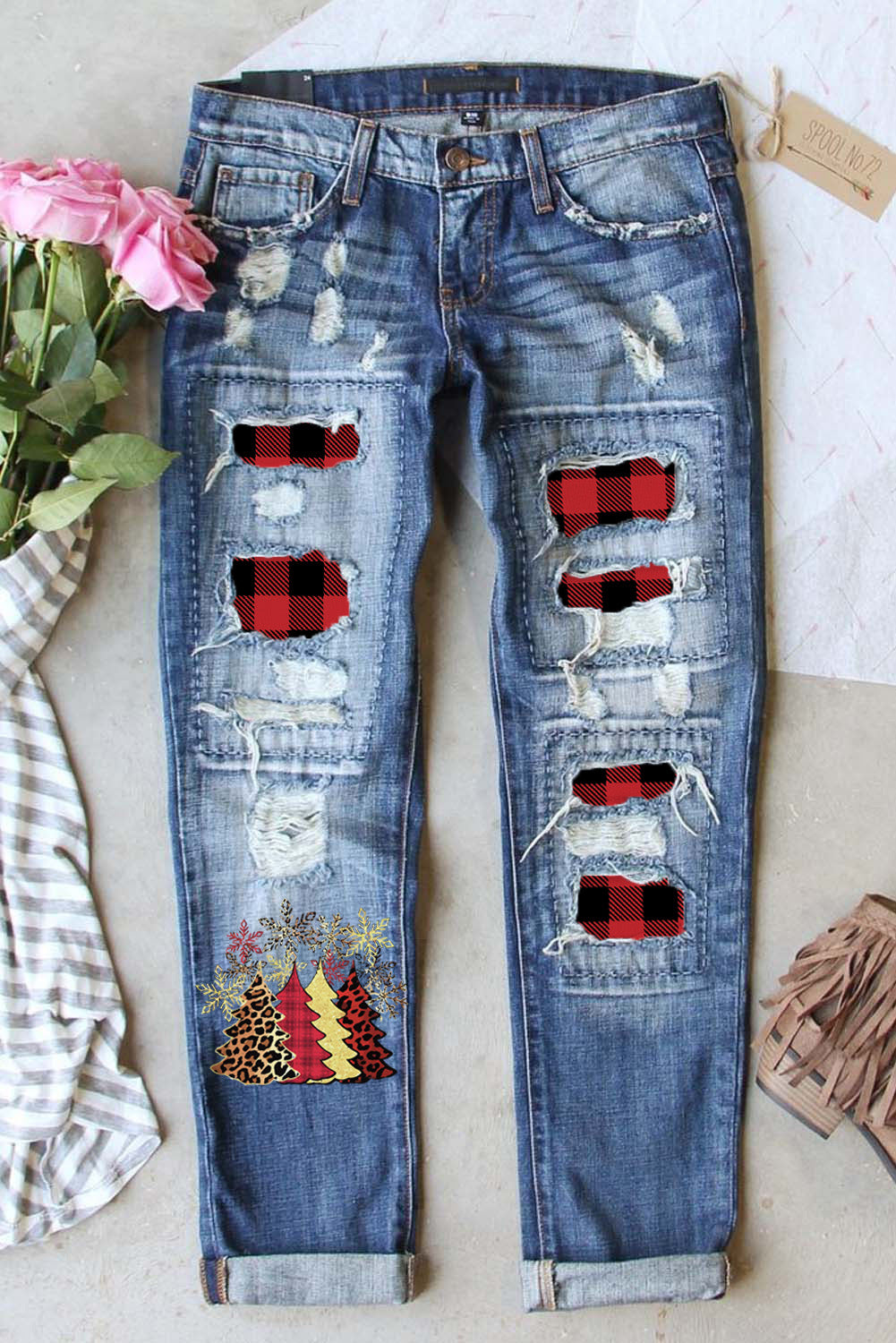 Butterfly Glitter Patchwork Acid Wash Distressed Jeans