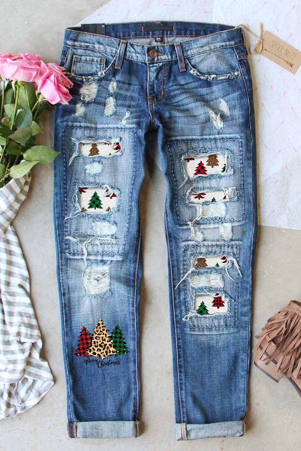 Butterfly Glitter Patchwork Acid Wash Distressed Jeans