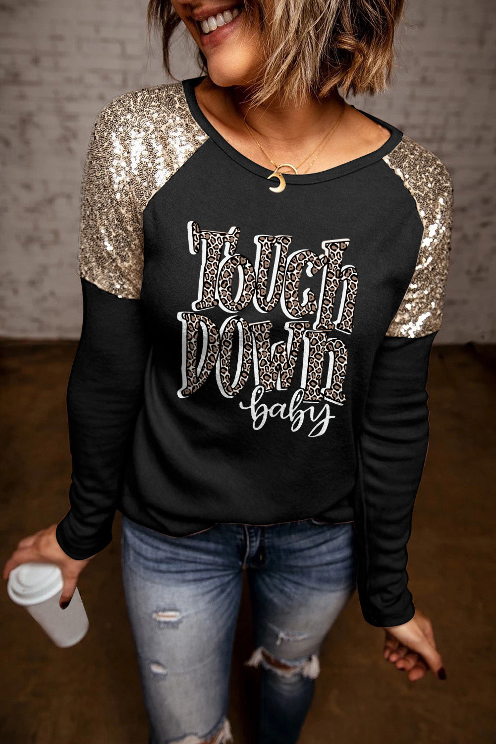 Let's Get Smashed Pumpkin Glitter Print Sequin Contrast Top