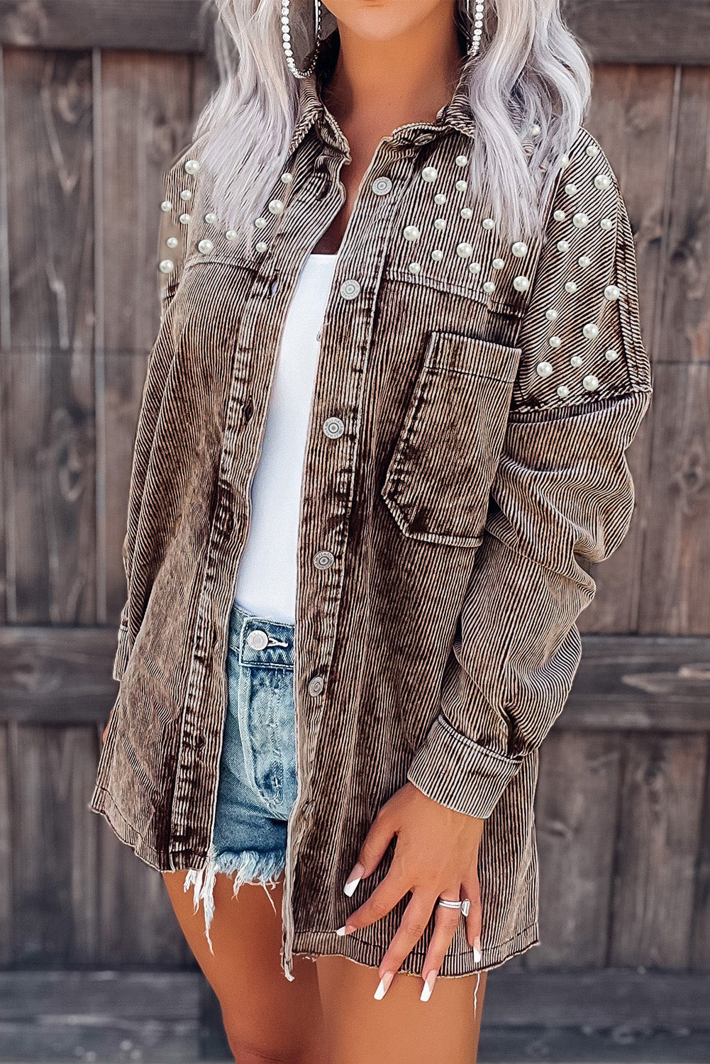 Chest Pocket Buttoned Corduroy Shacket