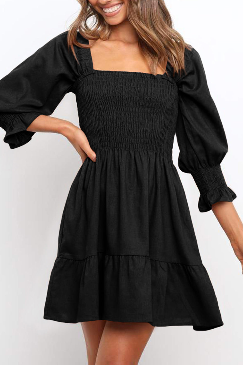 Square Neck Smocked Balloon Sleeve A-line Dress