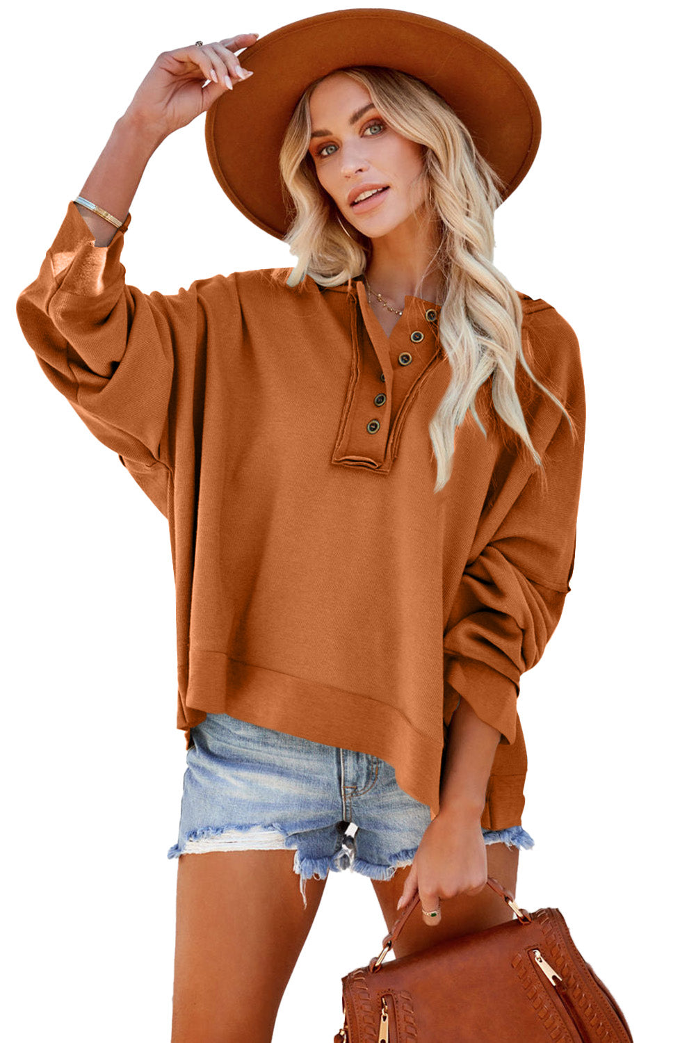 Casual Button Solid Patchwork Trim Hoodie