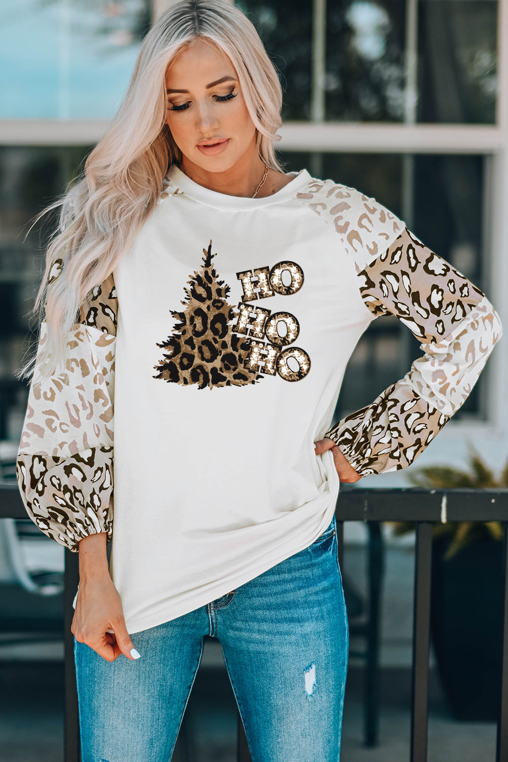 Beige Leopard Print Bubble Sleeve Top