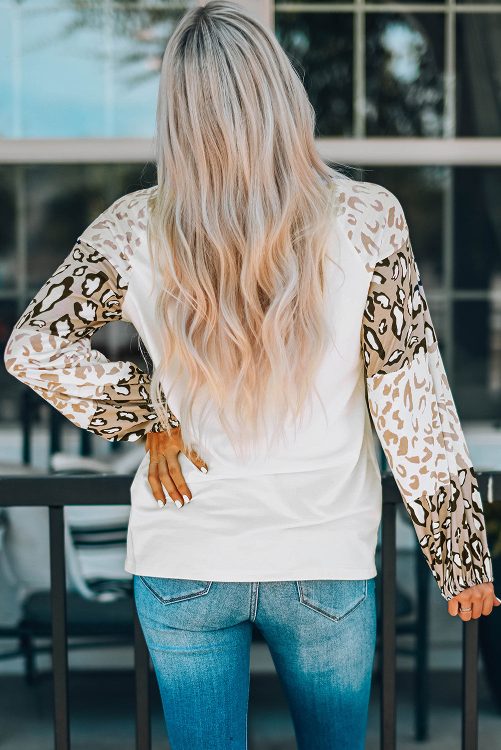 Beige Leopard Print Bubble Sleeve Top