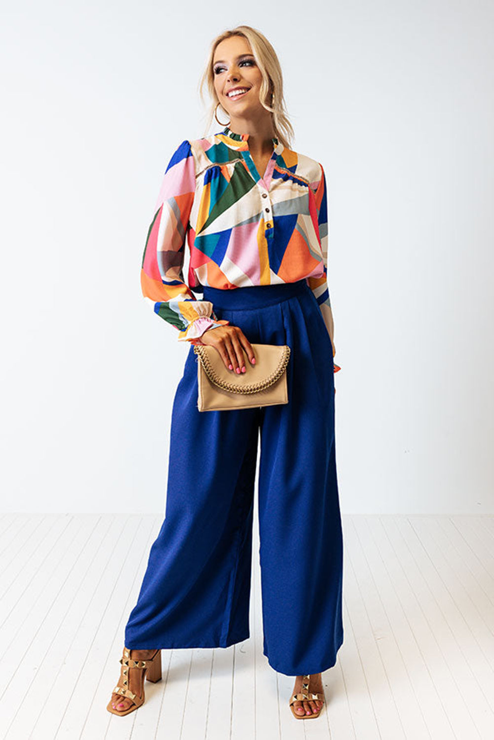 Geometric Patchwork Print Half Buttoned Blouse