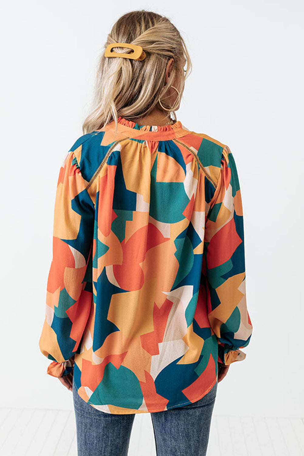 Geometric Patchwork Print Half Buttoned Blouse