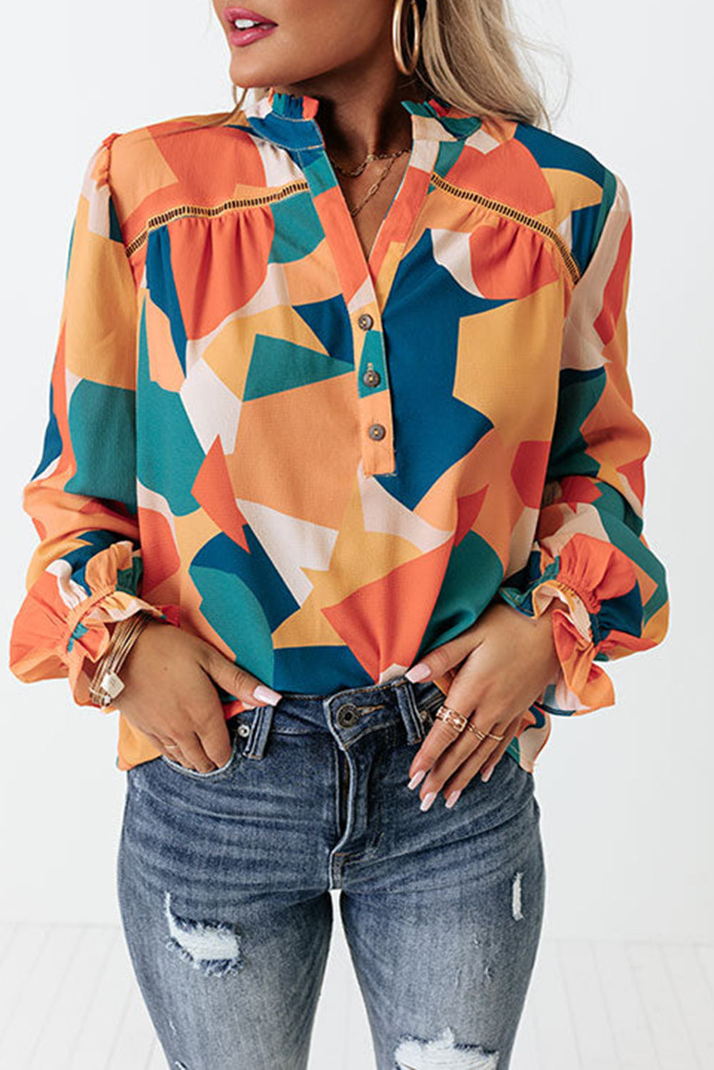 Geometric Patchwork Print Half Buttoned Blouse