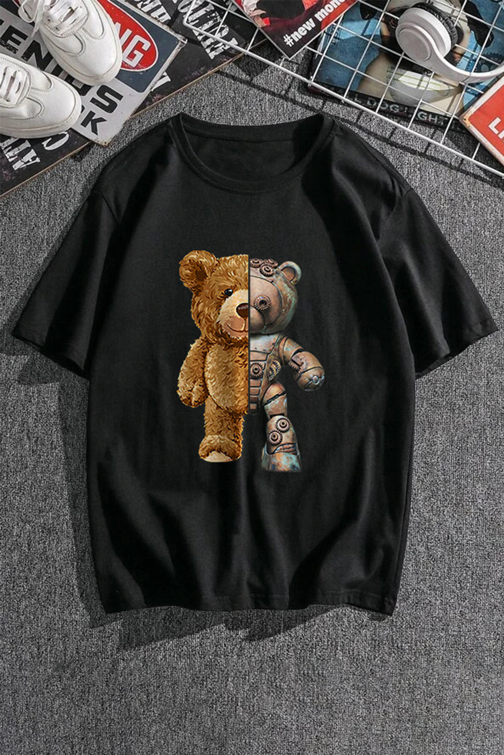 Robotic Bear Print Loose Drop Shoulder Men's T-shirt