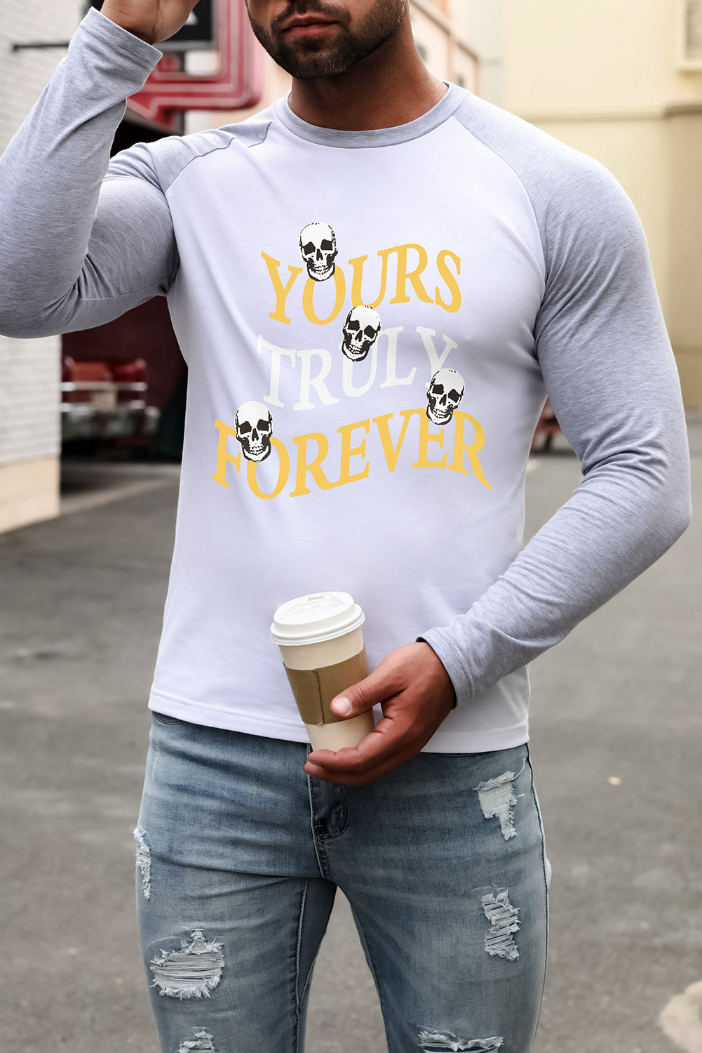 Men's Letter Skull Print Color Block Long Sleeve Top
