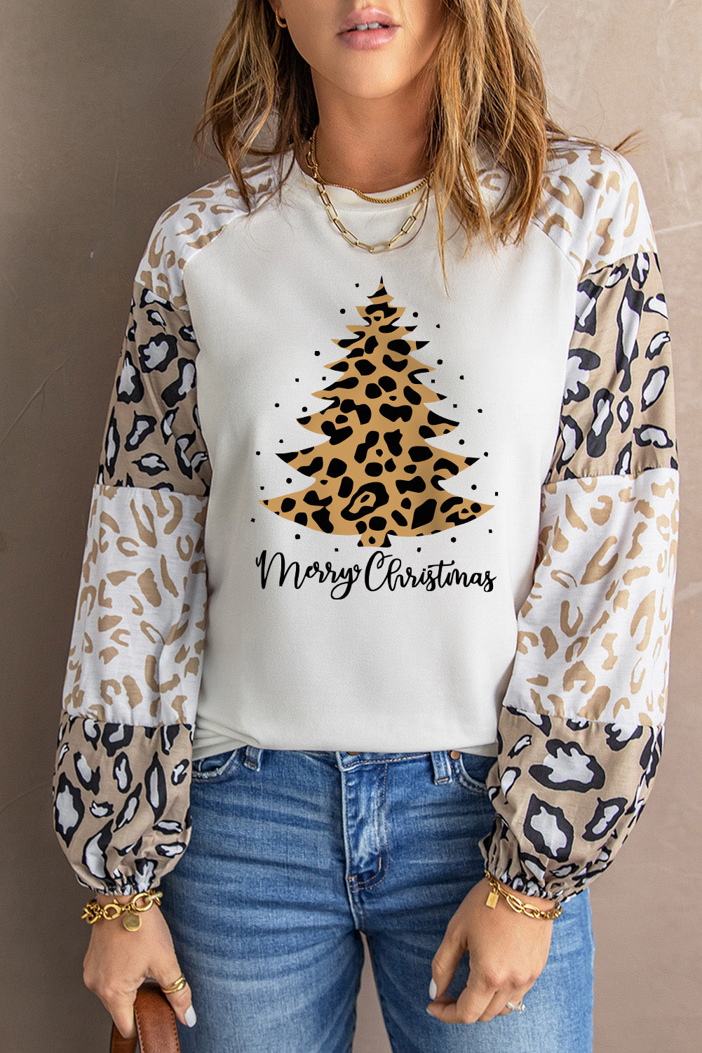 Beige Leopard Print Bubble Sleeve Top