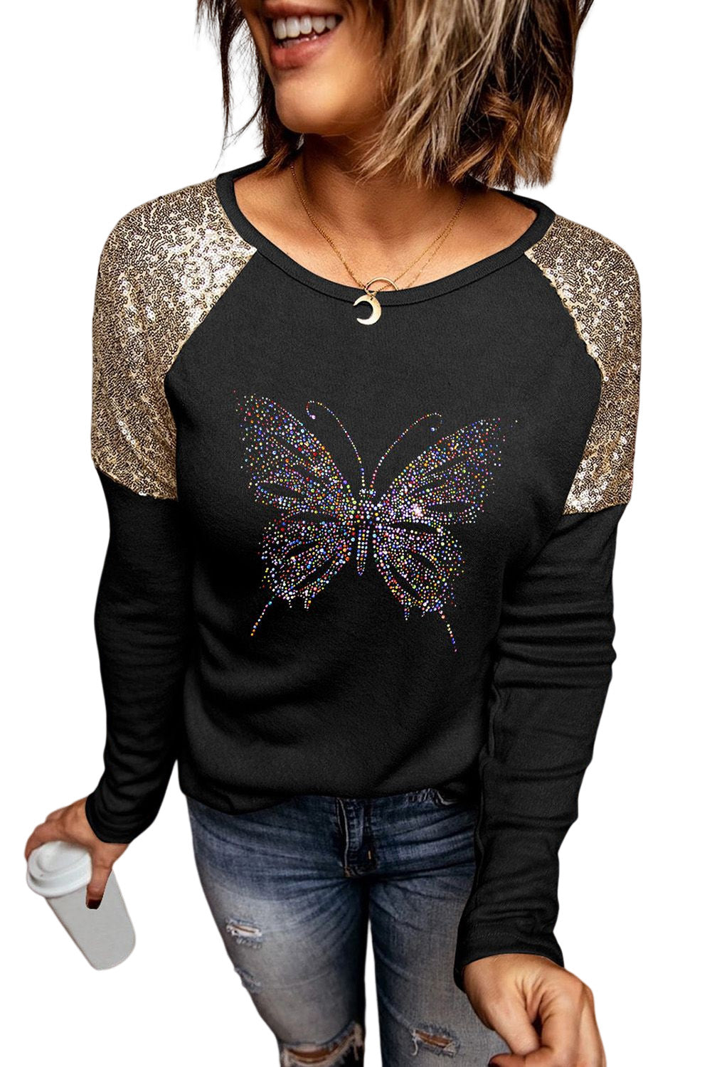 Let's Get Smashed Pumpkin Glitter Print Sequin Contrast Top