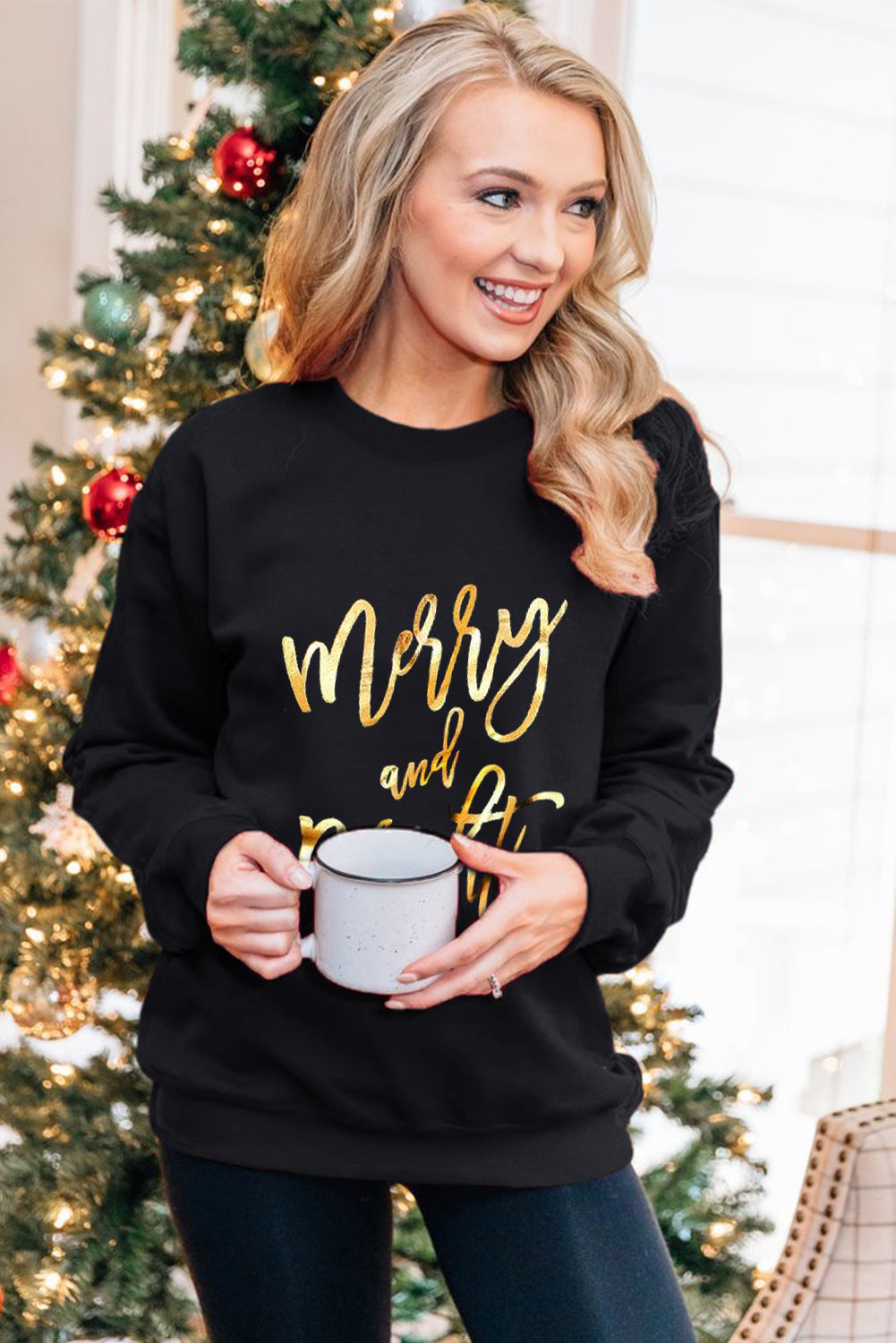 Merry Christmas Graphic Print Long Sleeve Sweatshirt
