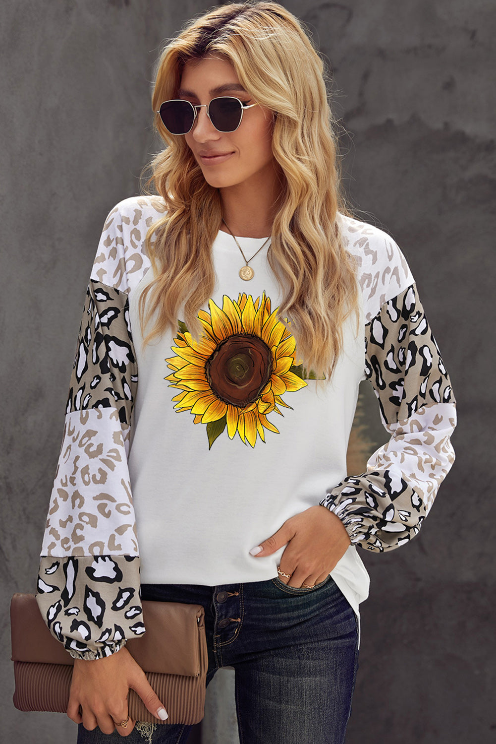 Beige Leopard Print Bubble Sleeve Top