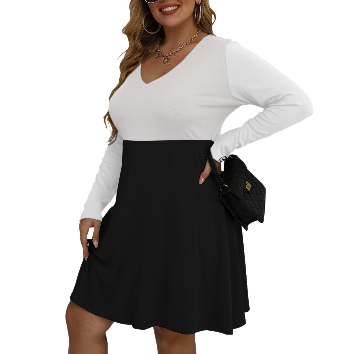Women's V-neck Long Sleeve Dress(Plus Size)