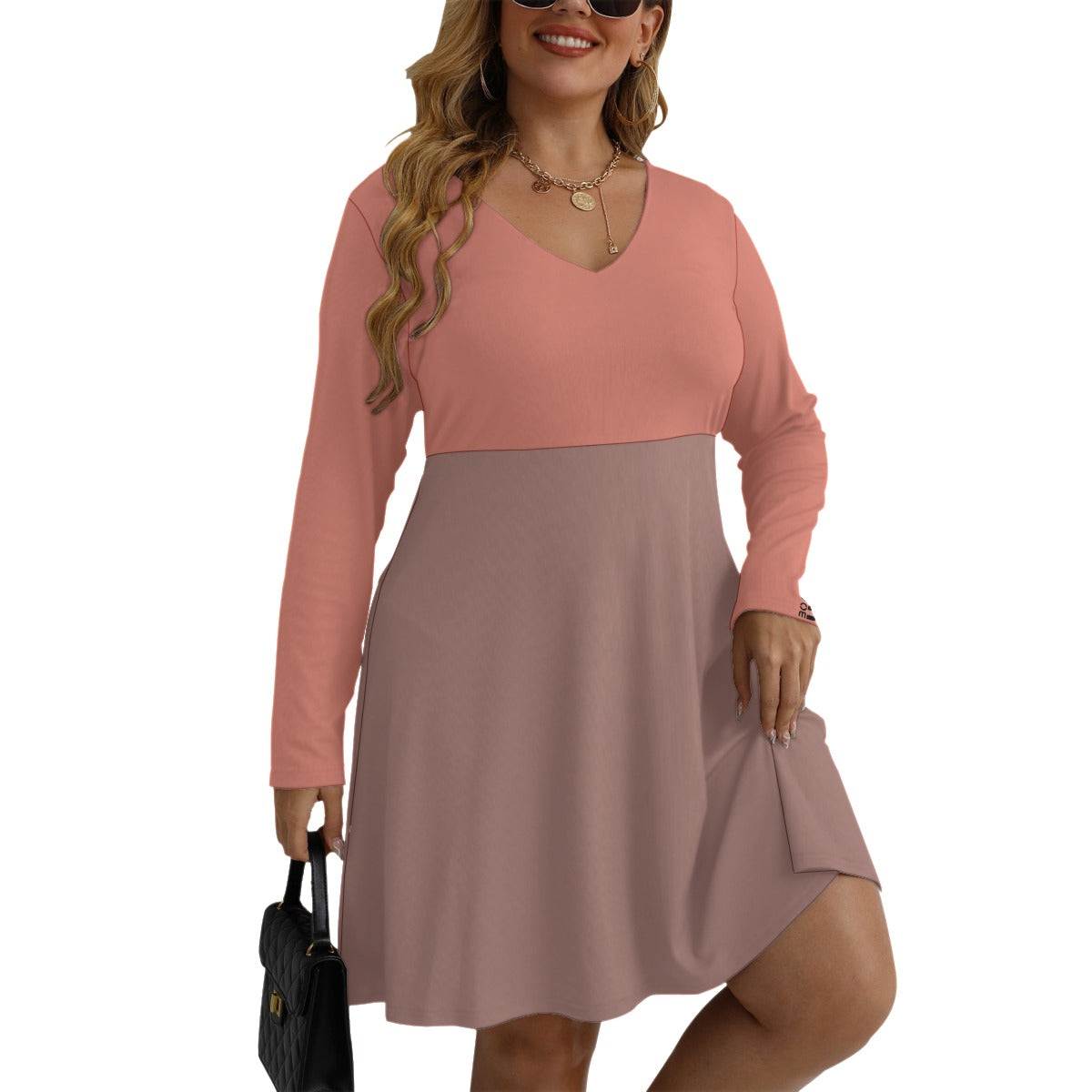 Women's V-neck Long Sleeve Dress(Plus Size)