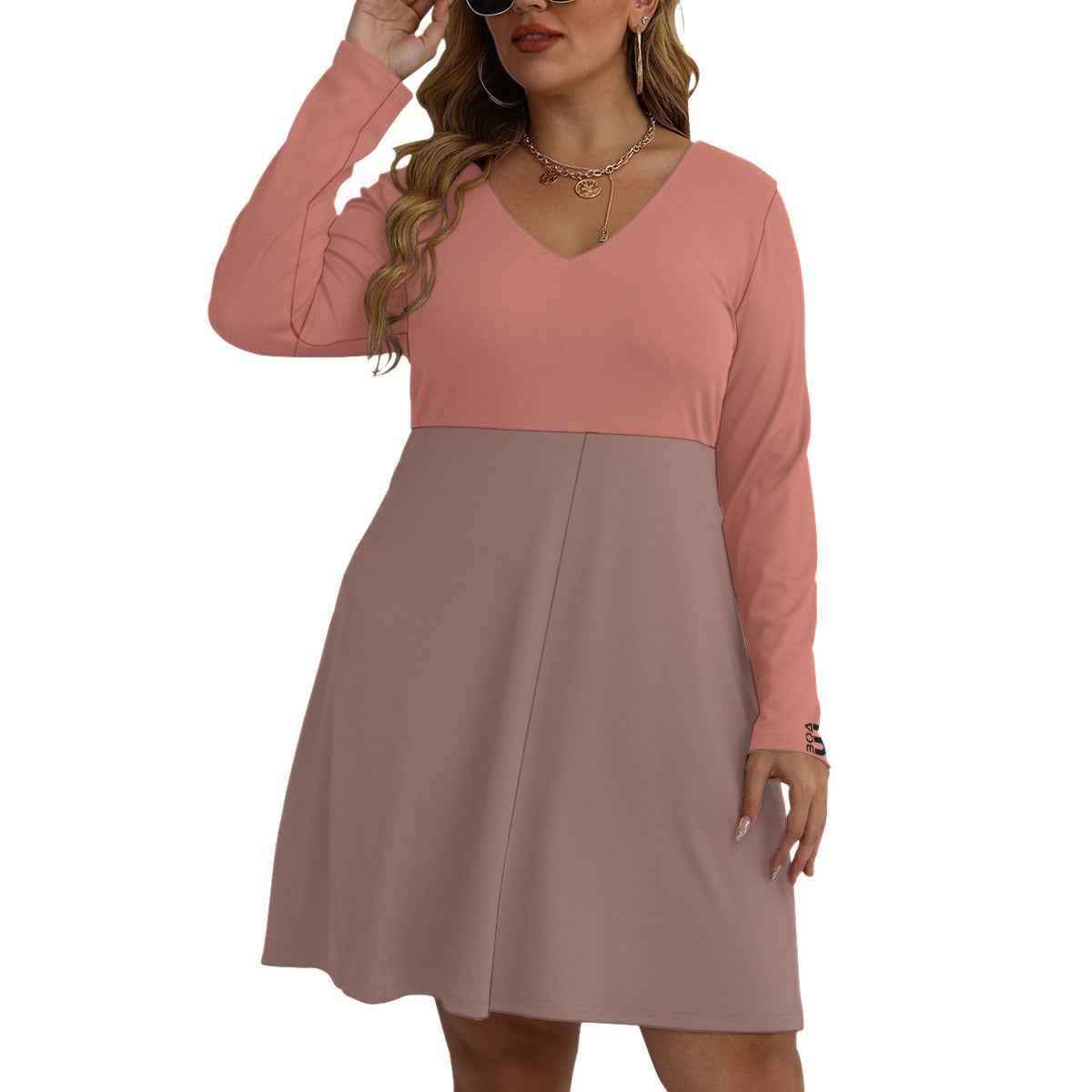 Women's V-neck Long Sleeve Dress(Plus Size)