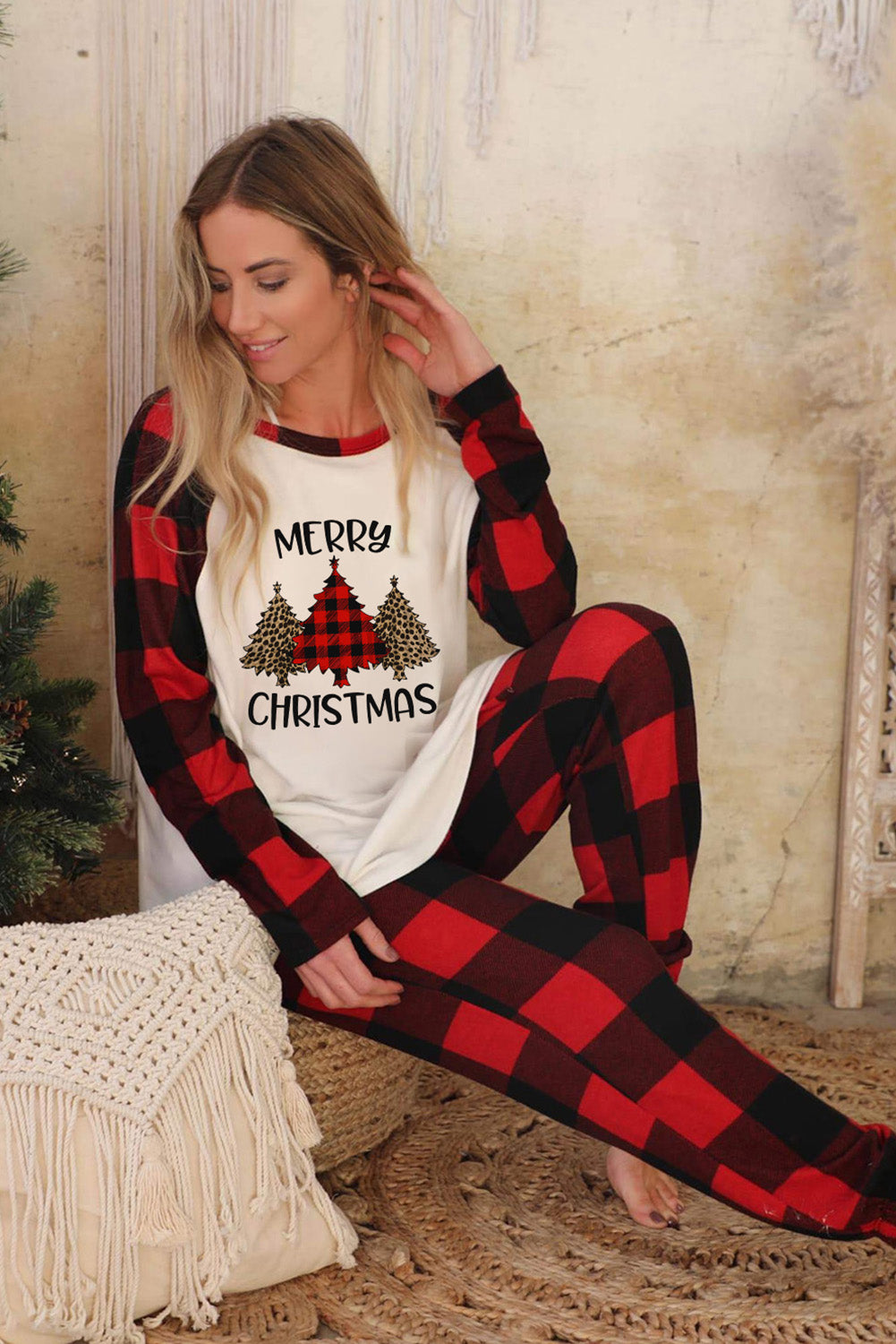 Christmas Pattern Plaid Color Block Two Piece Lounge Set