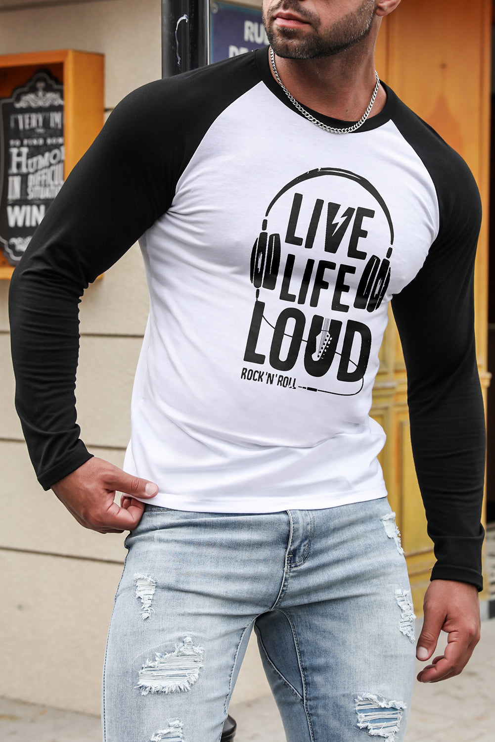 Men's Letter Skull Print Color Block Long Sleeve Top