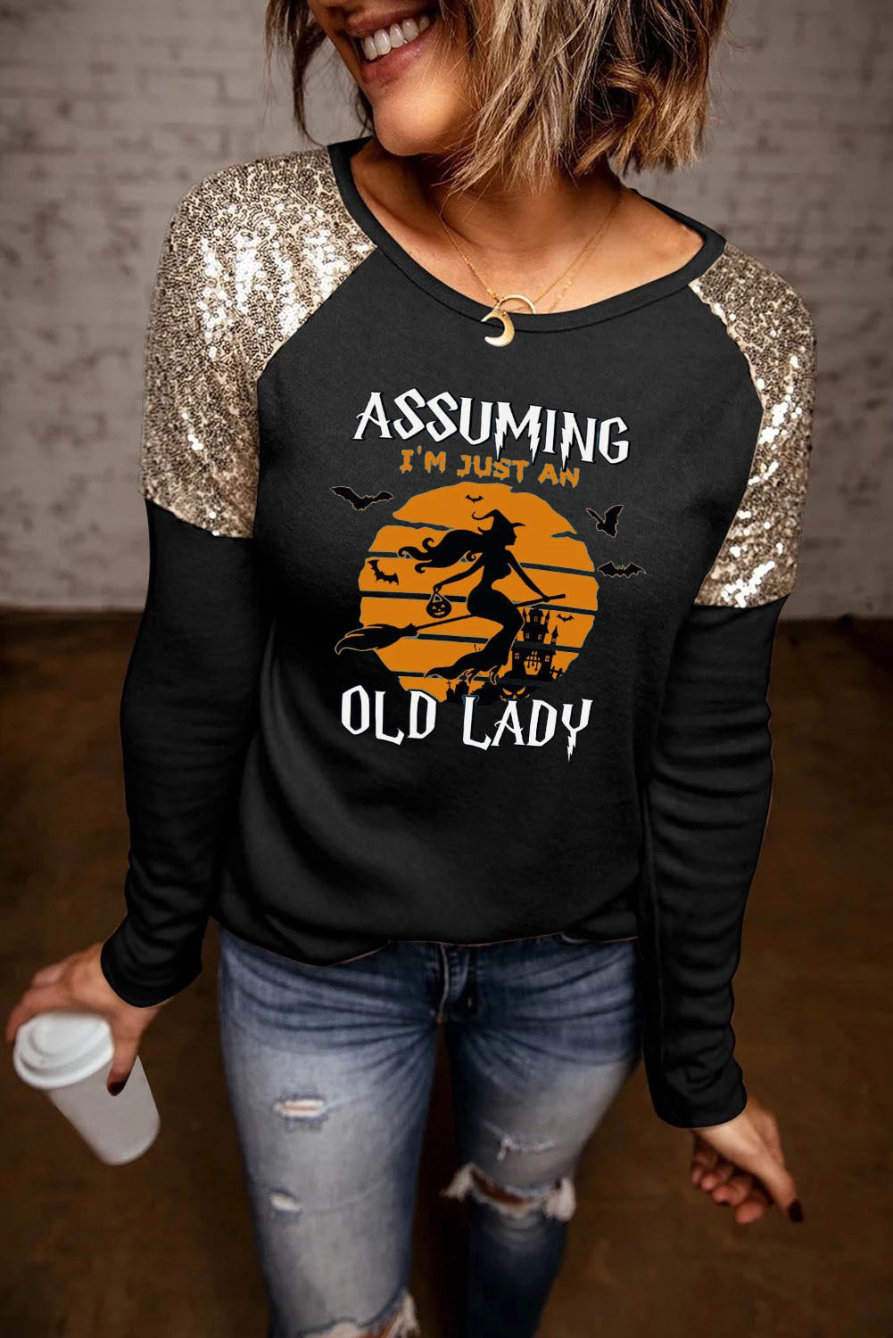 Let's Get Smashed Pumpkin Glitter Print Sequin Contrast Top