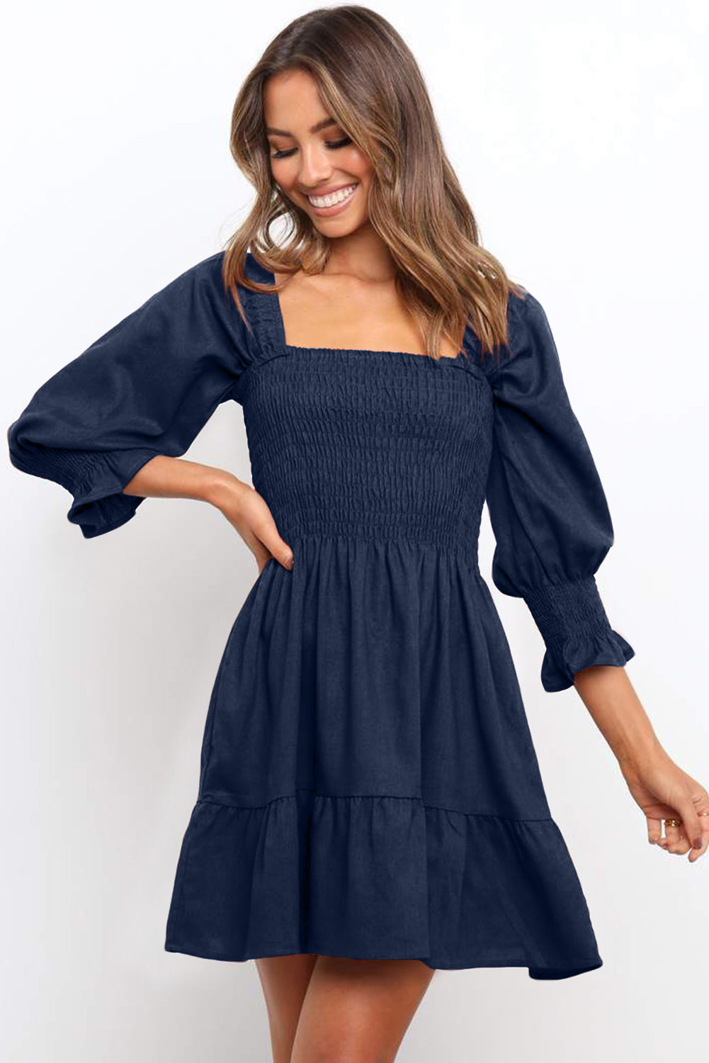 Square Neck Smocked Balloon Sleeve A-line Dress