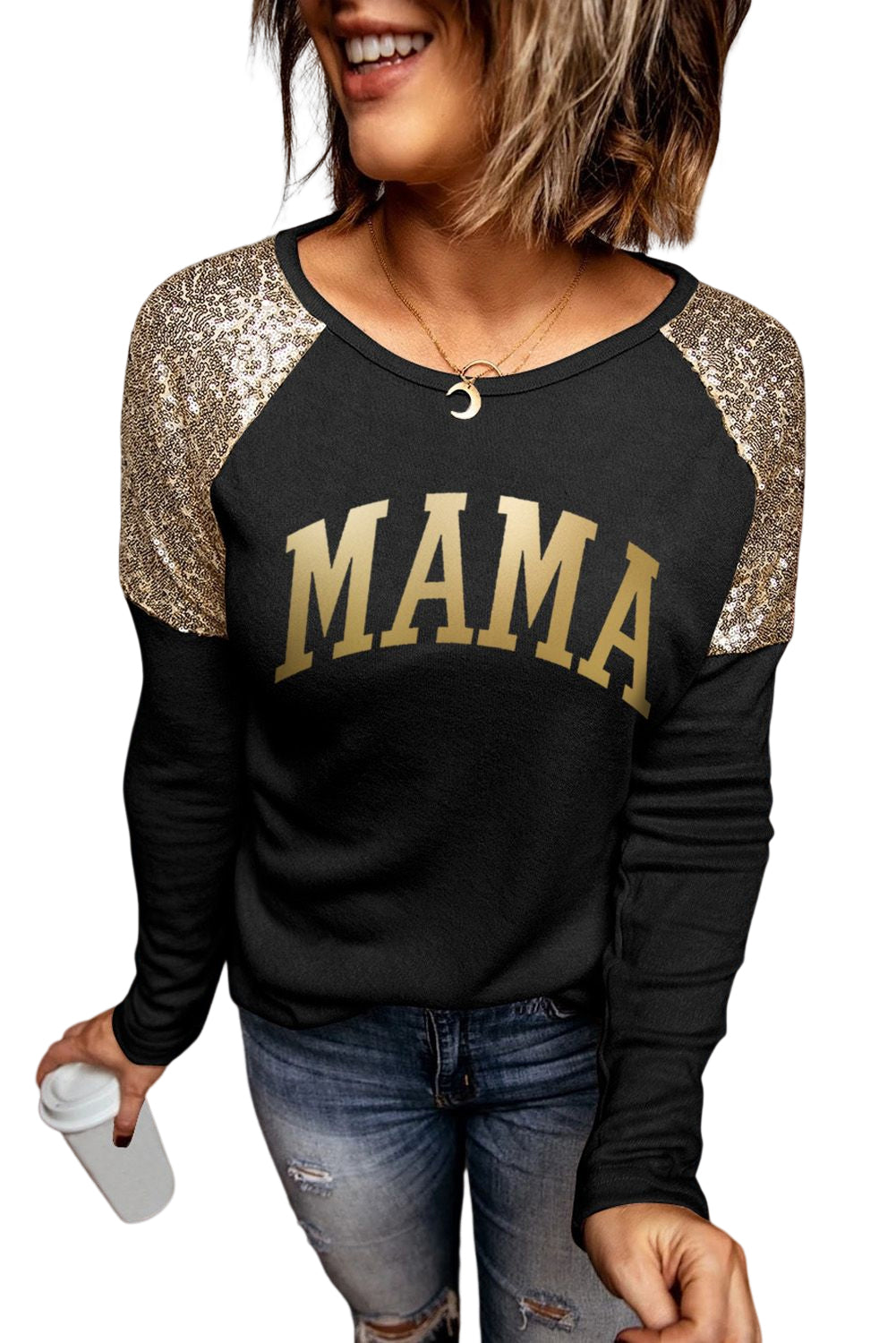Let's Get Smashed Pumpkin Glitter Print Sequin Contrast Top