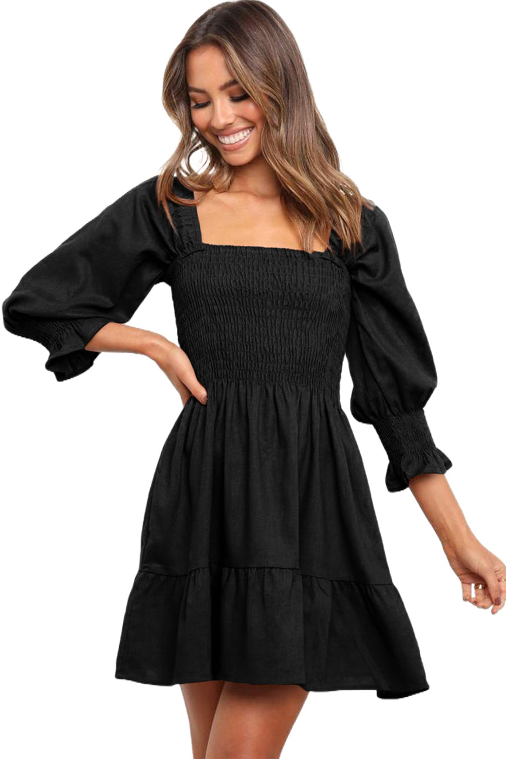 Square Neck Smocked Balloon Sleeve A-line Dress