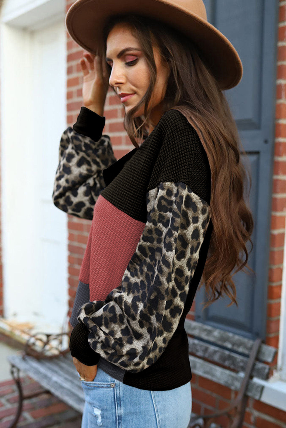 Wild Leopard Contrast Sleeve Colorblock Waffle Knit Top