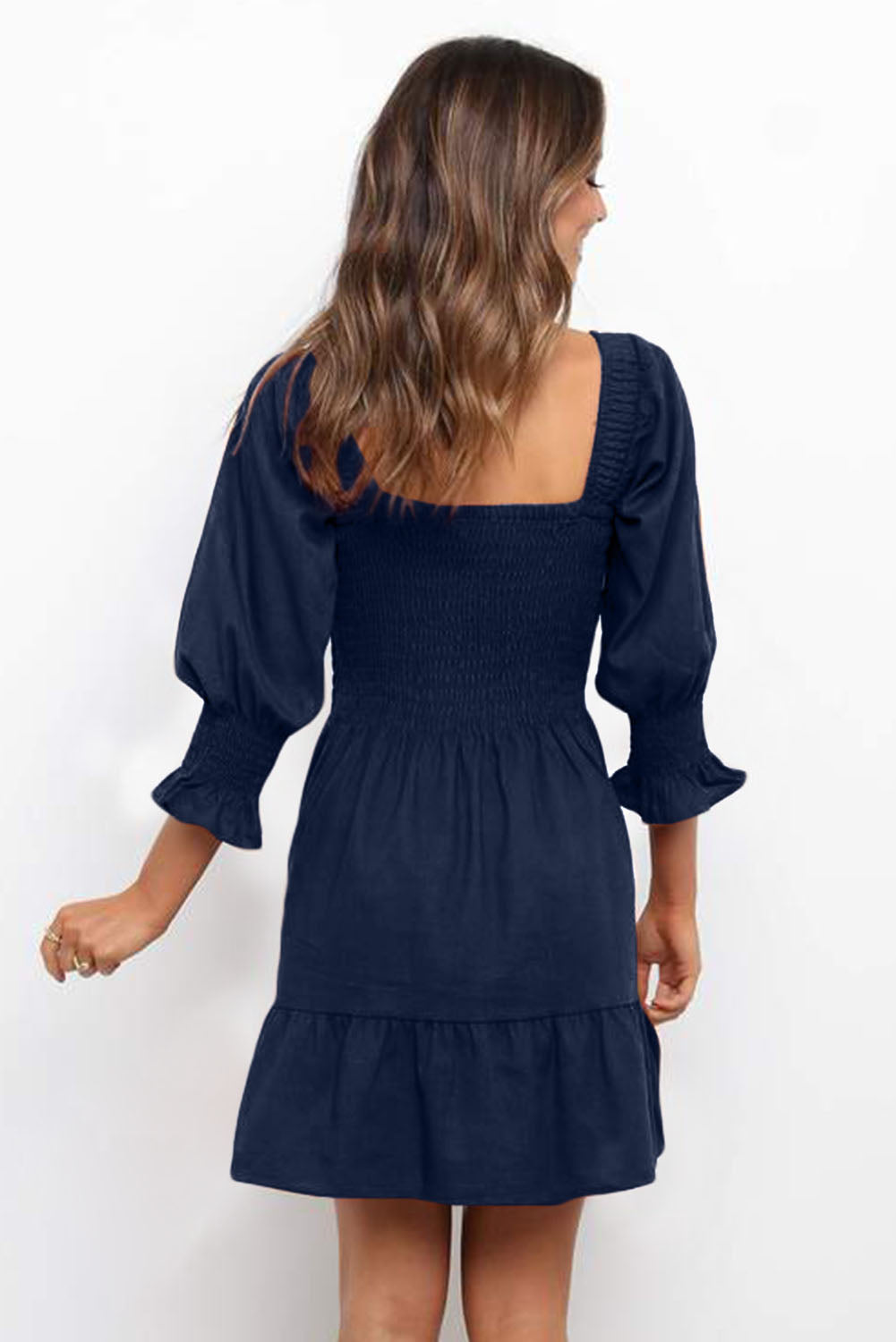 Square Neck Smocked Balloon Sleeve A-line Dress