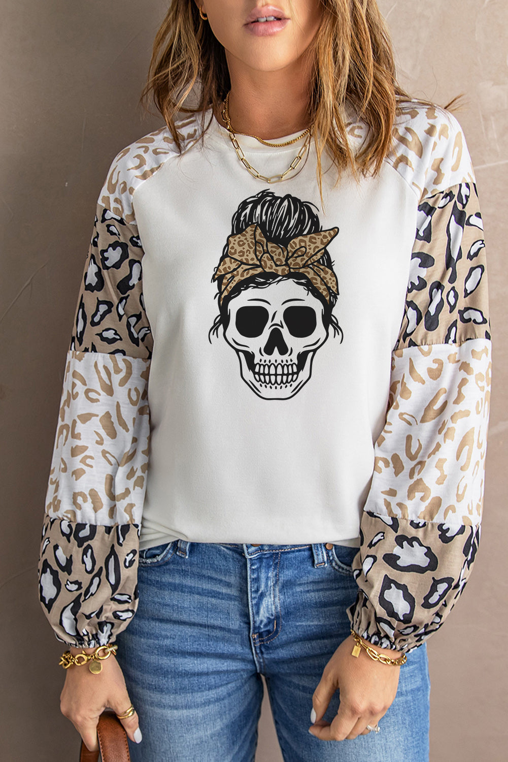 Beige Leopard Print Bubble Sleeve Top