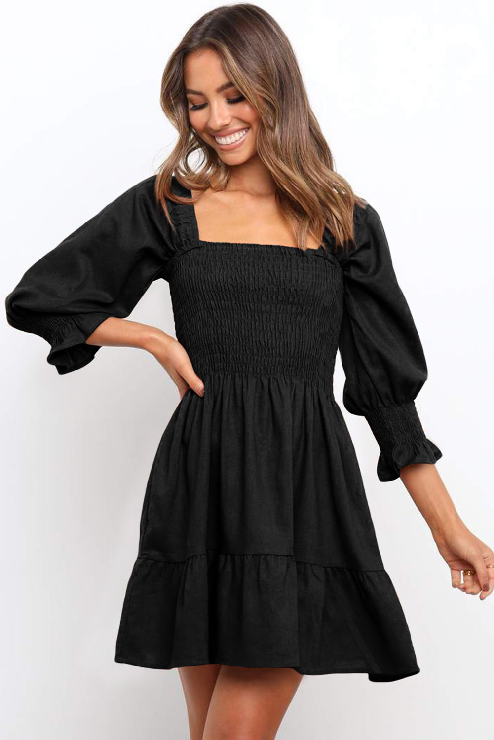 Square Neck Smocked Balloon Sleeve A-line Dress