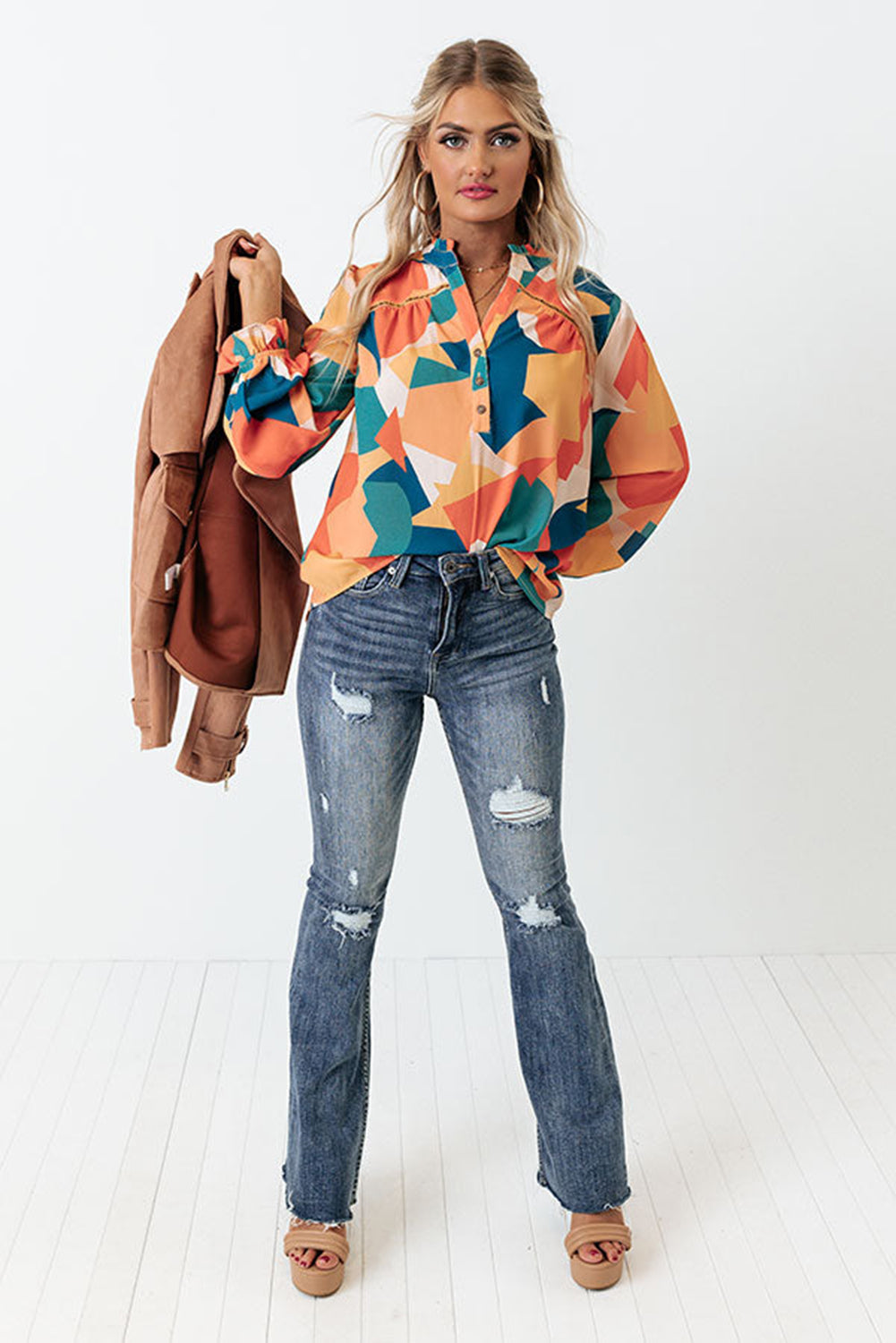 Geometric Patchwork Print Half Buttoned Blouse