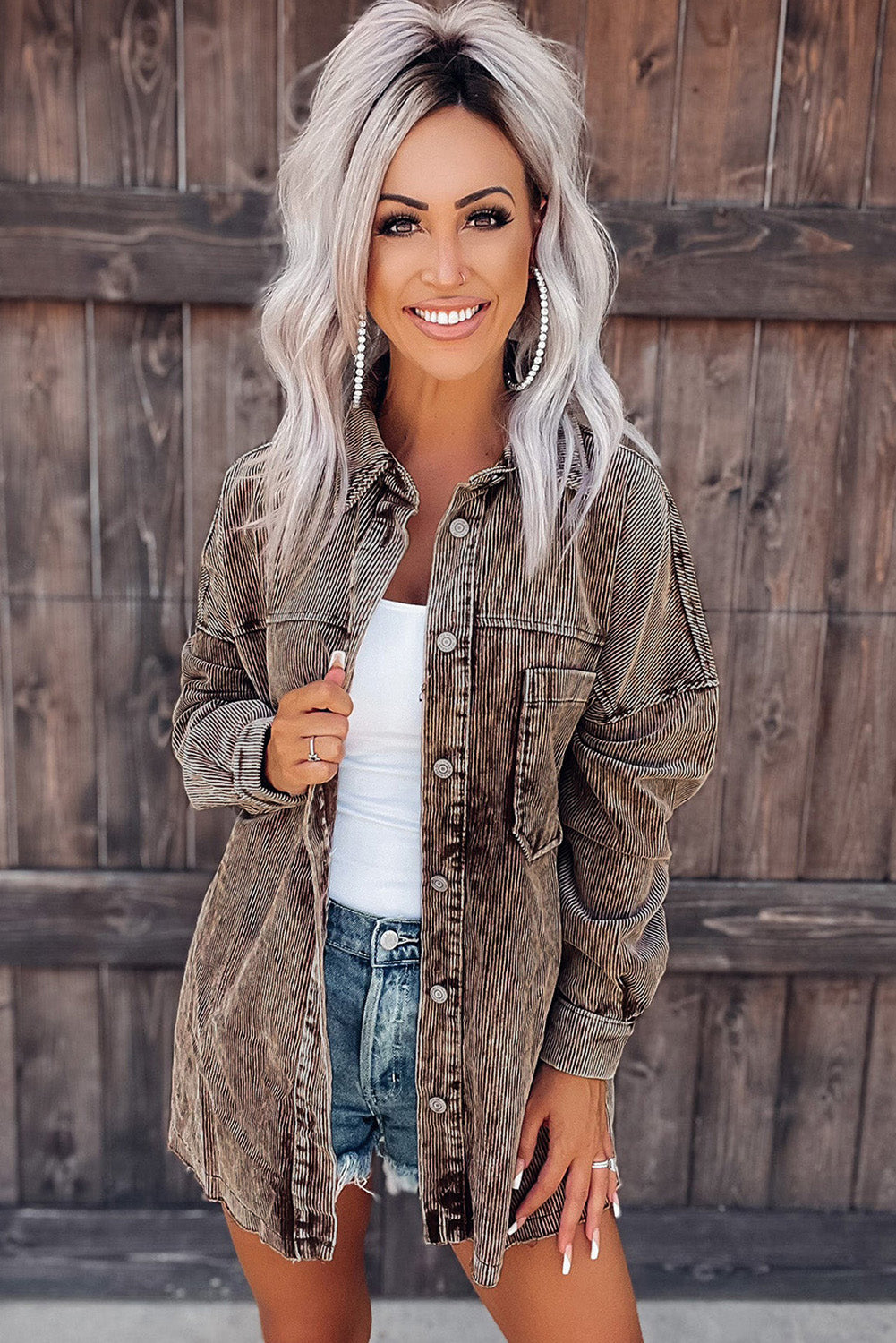 Chest Pocket Buttoned Corduroy Shacket