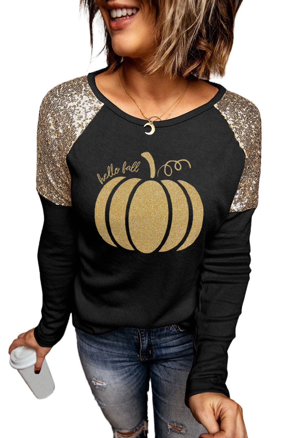 Let's Get Smashed Pumpkin Glitter Print Sequin Contrast Top